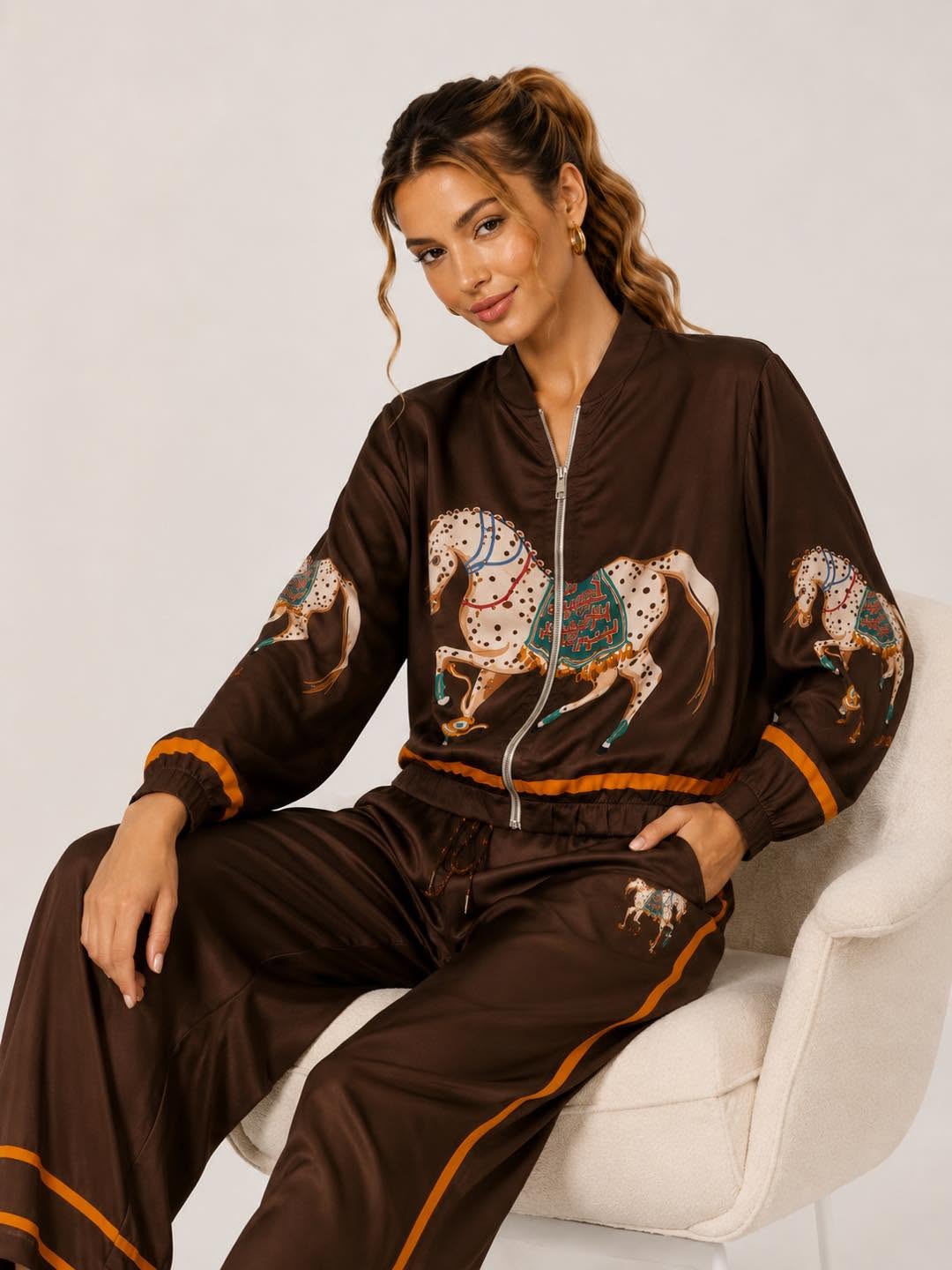 Compleu Siena – Set din Satin cu Imprimeu Ecvestru