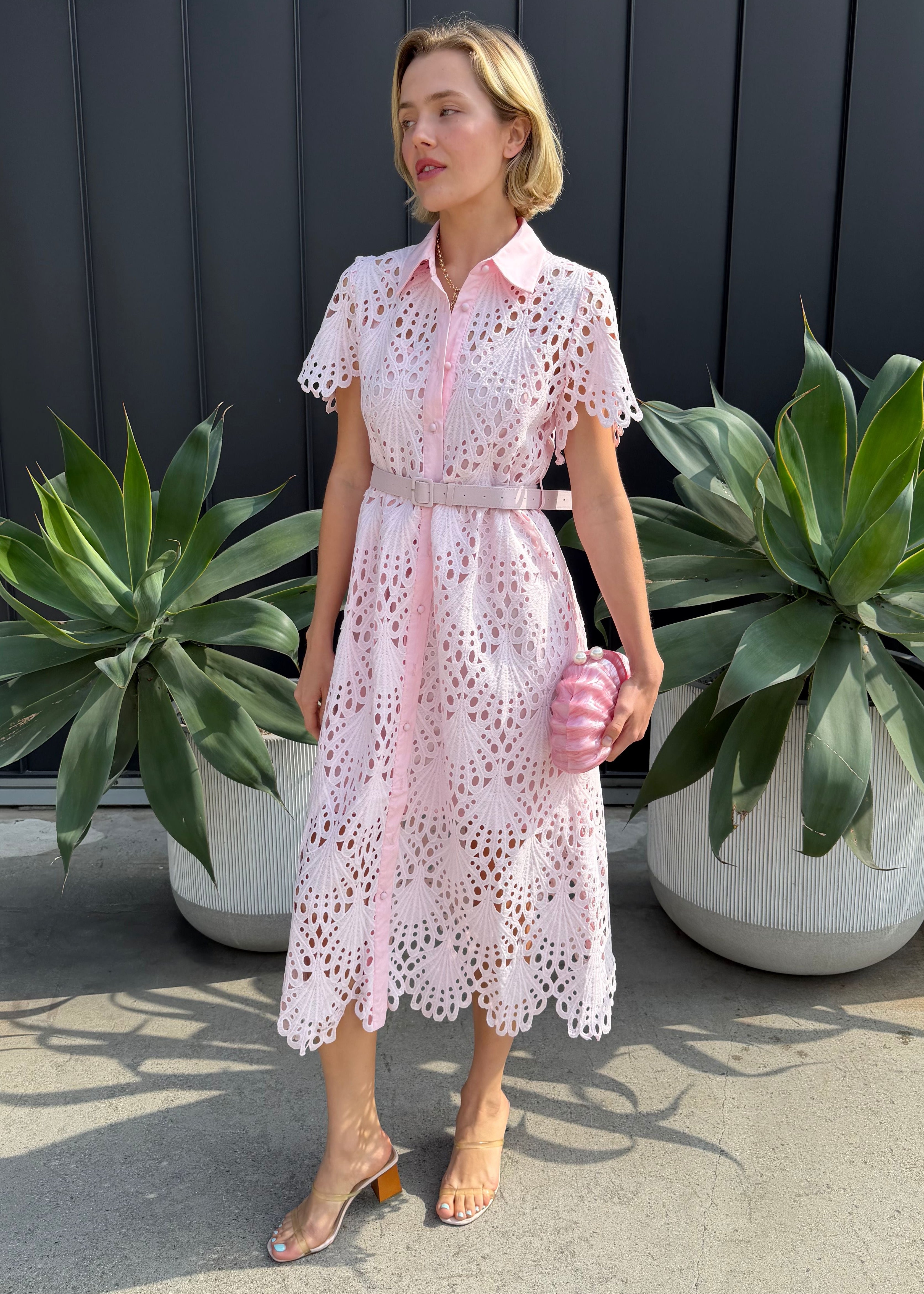 Robin Belted Short Sleeve Lace Midi Dress