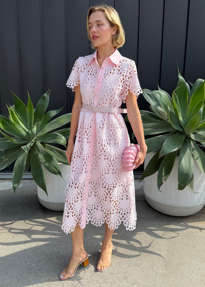 Robin Belted Short Sleeve Lace Midi Dress